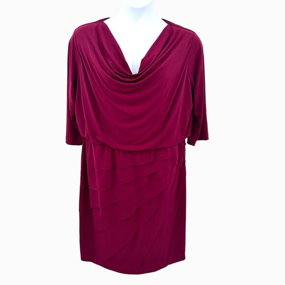 NWT LONDON TIMES WOMAN MAROON RUFFLE FRONT COWL NECK DRESS - 16W - Picture 1 of 5